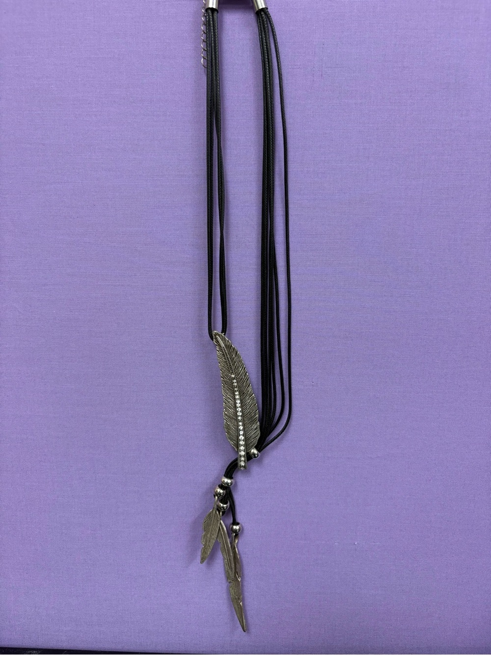 Fashion Jewelry Black Multi-Strand Cord Necklace with Silver Feather Pendants